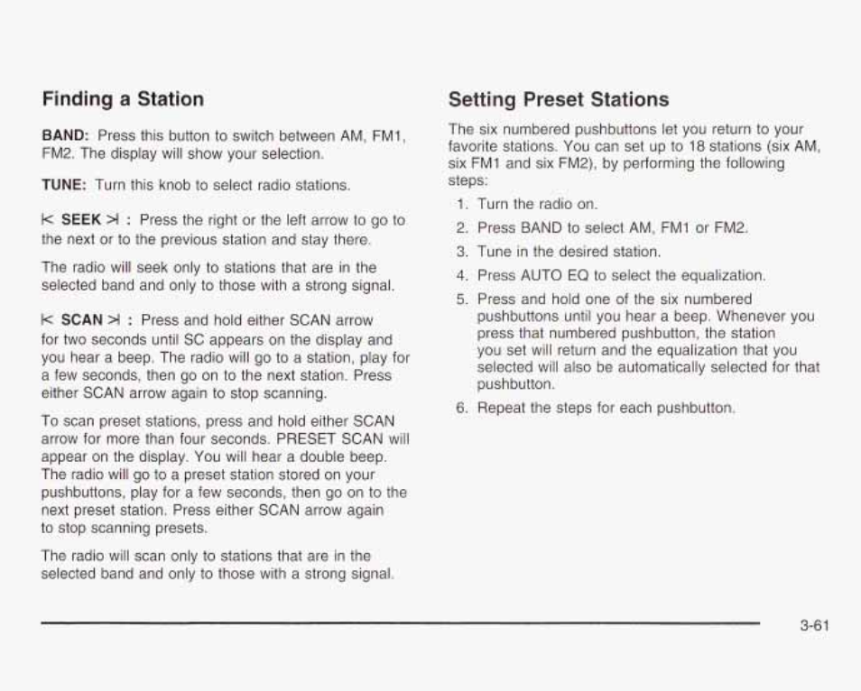 Finding a station, Setting preset stations | GMC 2003 Savana User Manual | Page 182 / 400