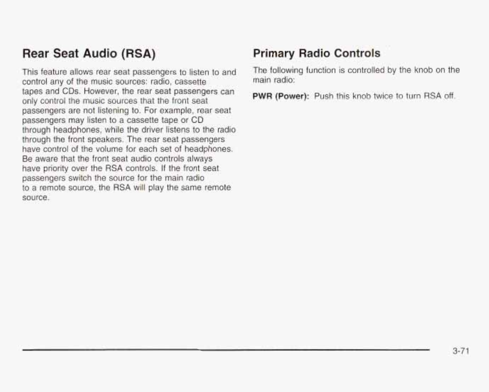 Rear seat audio (rsa), Primary radio controls | GMC 2003 Savana User Manual | Page 192 / 400