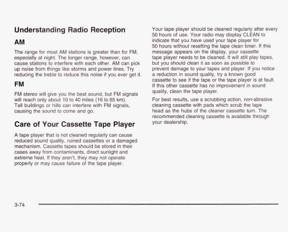 Understanding radio reception am, Care of your cassette tape player | GMC 2003 Savana User Manual | Page 195 / 400