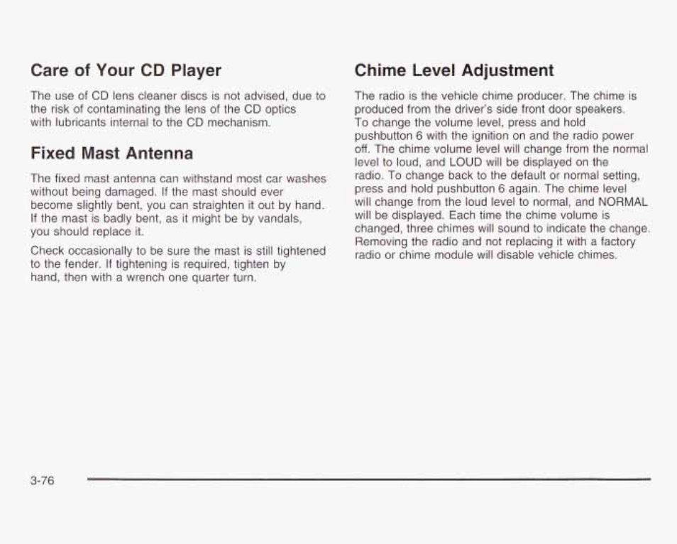 Саге of your со player, Fixed mast antenna, Chime level adjustment | GMC 2003 Savana User Manual | Page 197 / 400