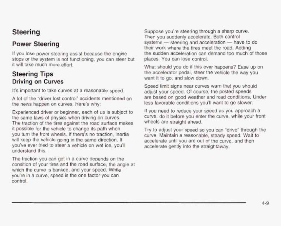 Power steering, Steering tips, Driving on curves | Steering power steering | GMC 2003 Savana User Manual | Page 206 / 400