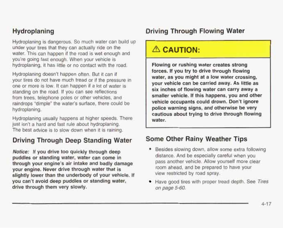 Driving through flowing water, Hydroplaning driving through flowing water | GMC 2003 Savana User Manual | Page 214 / 400