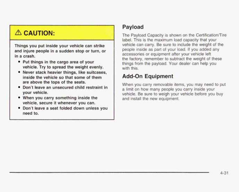 Payload, Add-on equipment | GMC 2003 Savana User Manual | Page 228 / 400