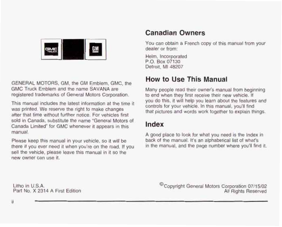 Canadian owners, How to use this manual, Index | GMC 2003 Savana User Manual | Page 3 / 400