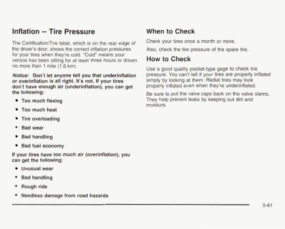 How to check, Inflation — tire pressure when to check | GMC 2003 Savana User Manual | Page 304 / 400
