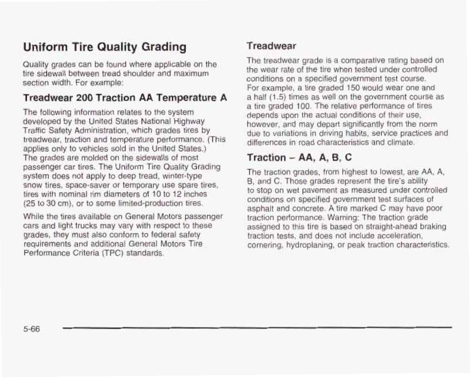Treadwear 200 traction aa temperature a, Uniform tire quality grading, Traction - aa, a. b, c | GMC 2003 Savana User Manual | Page 309 / 400