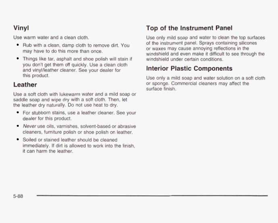 Vinyl, Leather, Top of the instrument panel | Interior plastic components | GMC 2003 Savana User Manual | Page 331 / 400