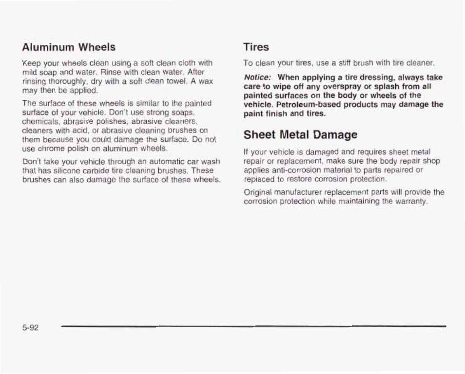 Aluminum wheels, Tires, Sheet metal damage | GMC 2003 Savana User Manual | Page 335 / 400