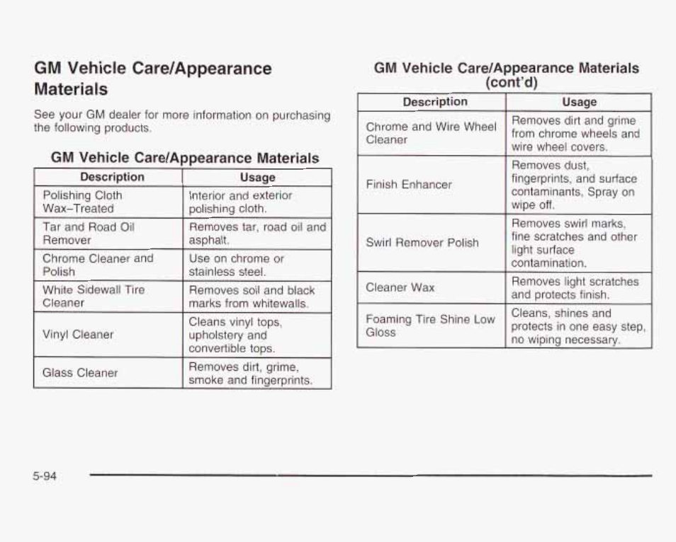 Gm vehicle care/appearance materials, Gm vehicle care/appearance materials (cont'd) | GMC 2003 Savana User Manual | Page 337 / 400