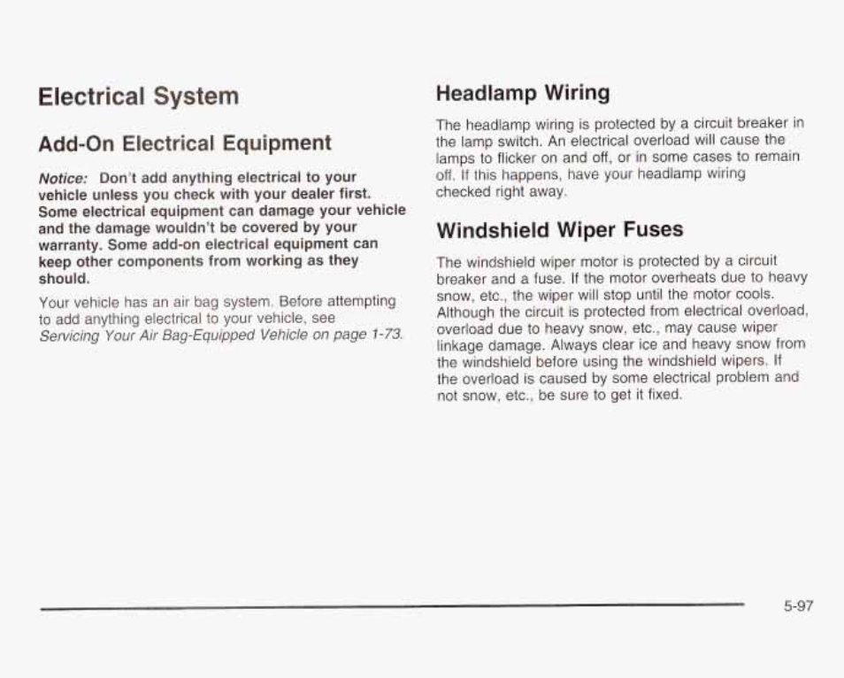Electrical system, Add-on electrical equipment, Headlamp wiring | Windshield wiper fuses, Electrical system -97, Headlamp wiring -97 | GMC 2003 Savana User Manual | Page 340 / 400