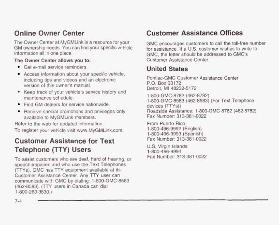 Online owner center, Customer assistance for text telephone (tty) users, Customer assistance offices | United states | GMC 2003 Savana User Manual | Page 373 / 400