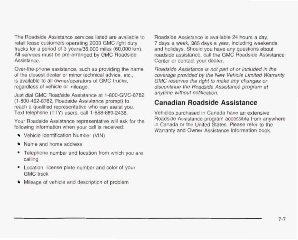 Canadian roadside assistance | GMC 2003 Savana User Manual | Page 376 / 400