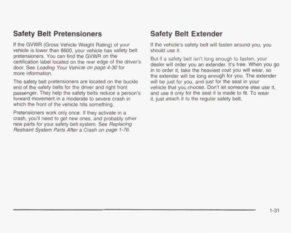 Safety belt pretensioners, Safety belt extender | GMC 2003 Savana User Manual | Page 38 / 400
