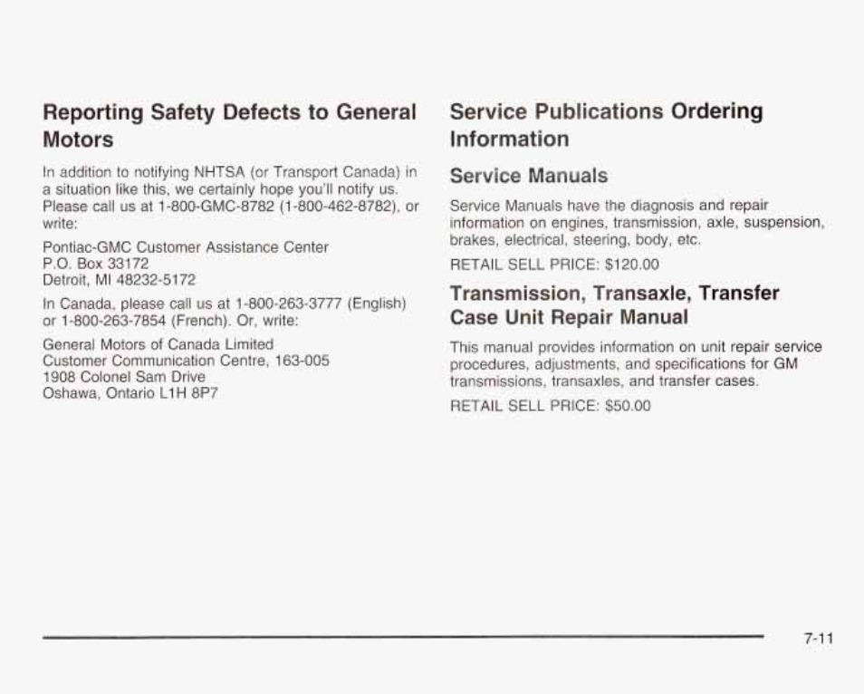 Reporting safety defects to general motors, Service publications ordering information, Service manuals | GMC 2003 Savana User Manual | Page 380 / 400