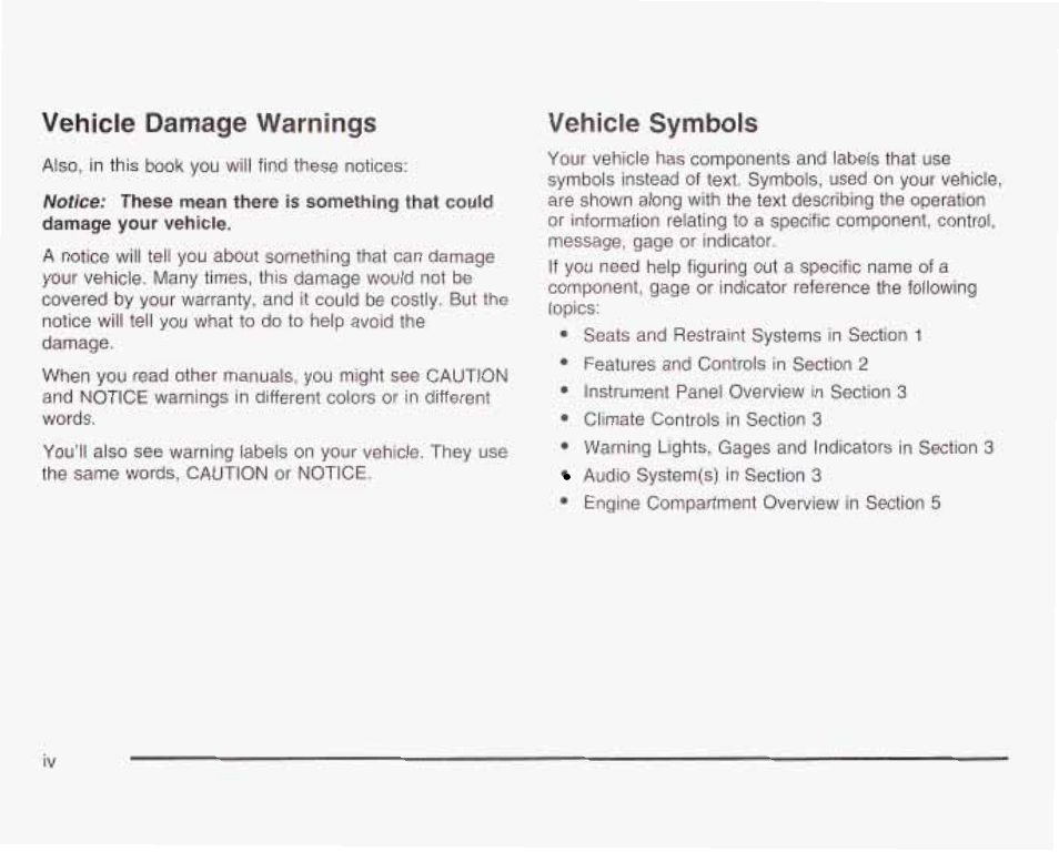 Vehicle damage warnings, Vehicle symbols | GMC 2003 Savana User Manual | Page 5 / 400