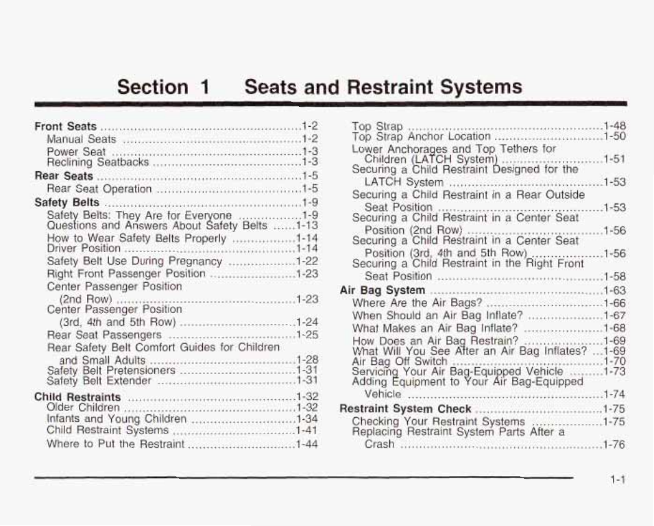 Section 1 seats and яestraint systems | GMC 2003 Savana User Manual | Page 8 / 400