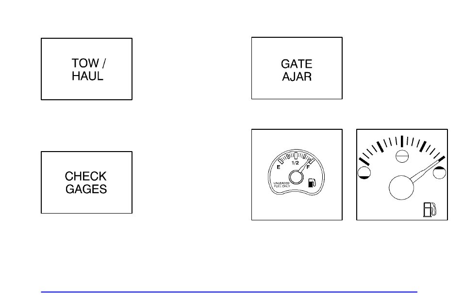 Tow/haul mode light (if equipped), Check gages light, Gate ajar light | Fuel gage | GMC 2001 Envoy User Manual | Page 167 / 448