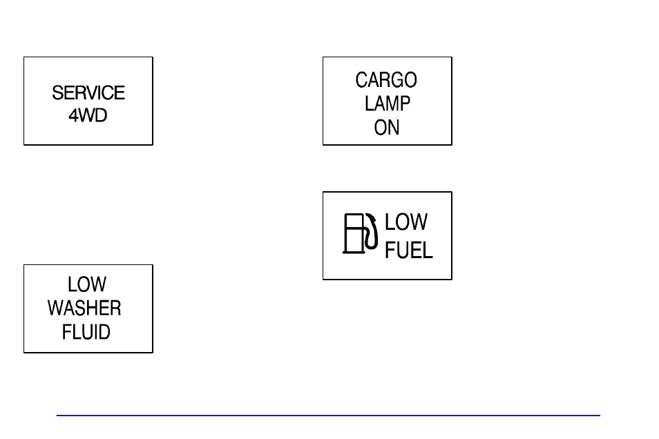 Service 4wd (if equipped), Low washer fluid, Cargo lamp on | Low fuel | GMC 2000 Sierra User Manual | Page 168 / 421