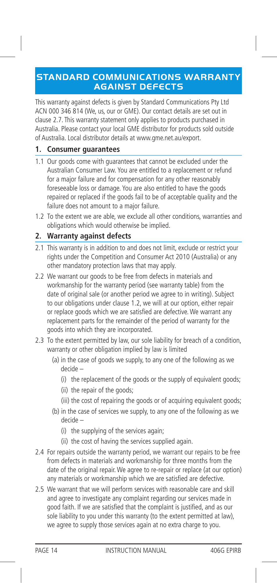 Standard communications warranty against defects | GME MT406GAUS User Manual | Page 14 / 16