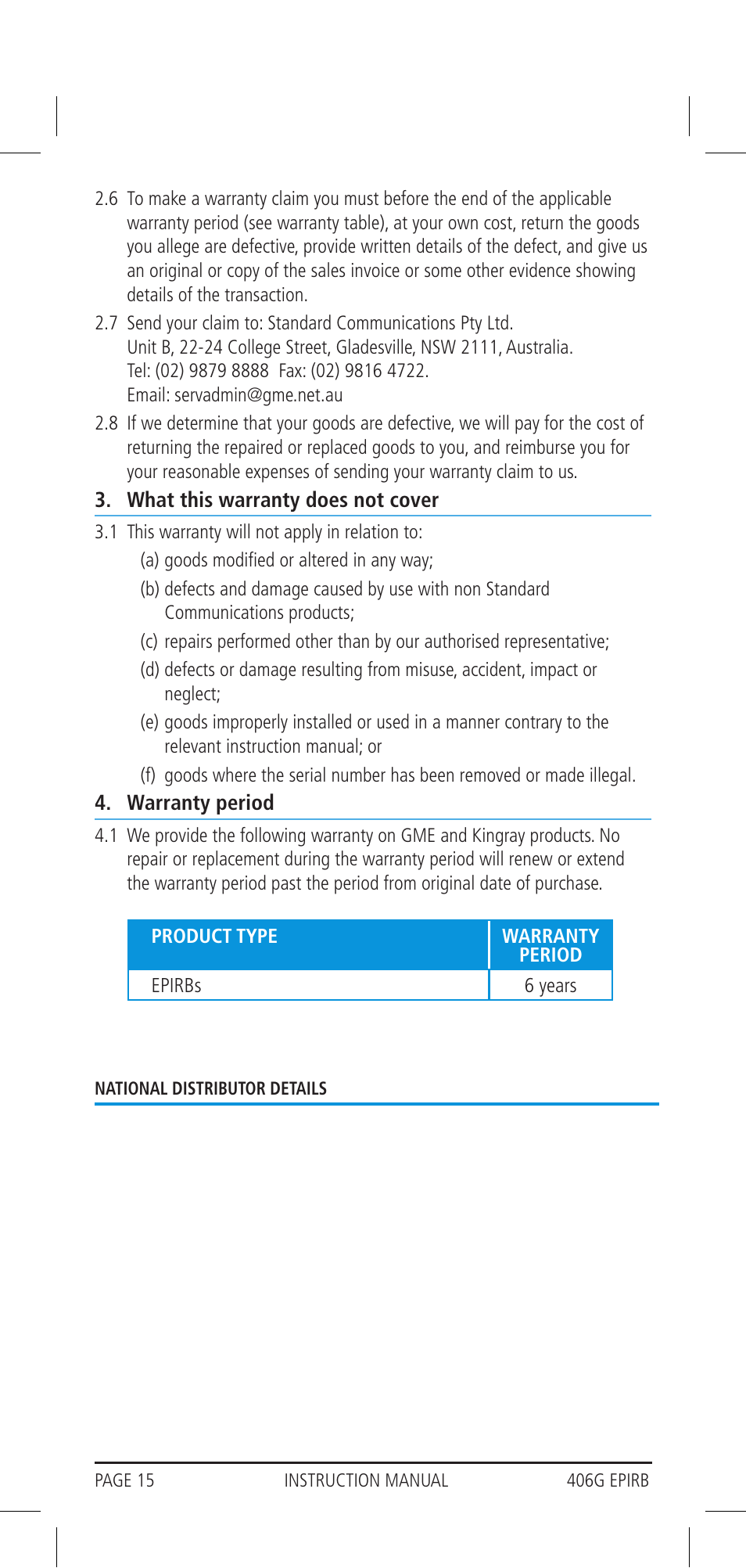 Standard communications warranty against defects | GME MT406GAUS User Manual | Page 15 / 16