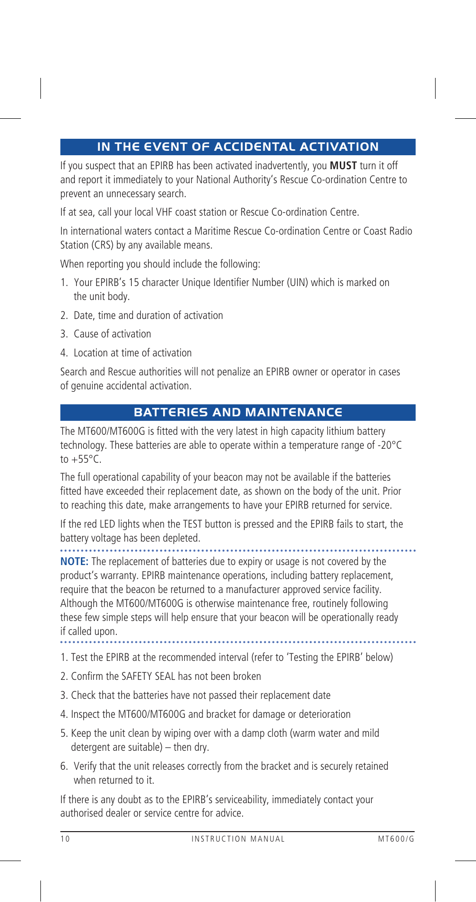 Batteries and maintenance | GME MT600GAUS User Manual | Page 10 / 20