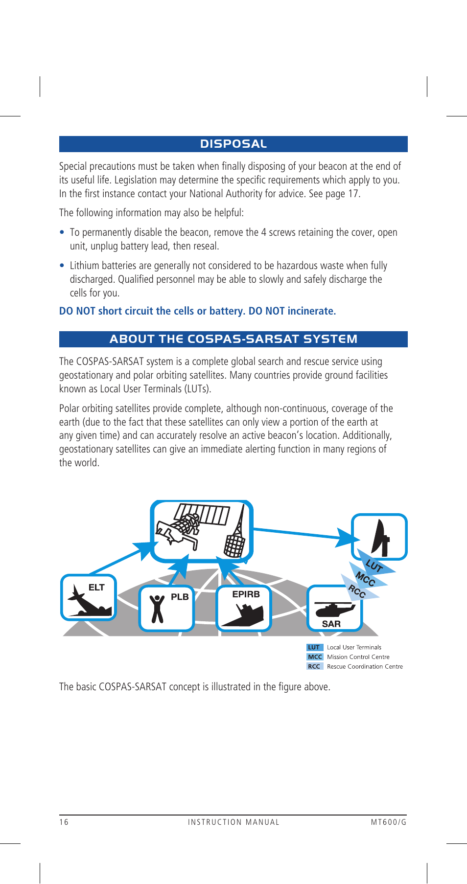 Disposal, About the cospas-sarsat system | GME MT600GAUS User Manual | Page 16 / 20