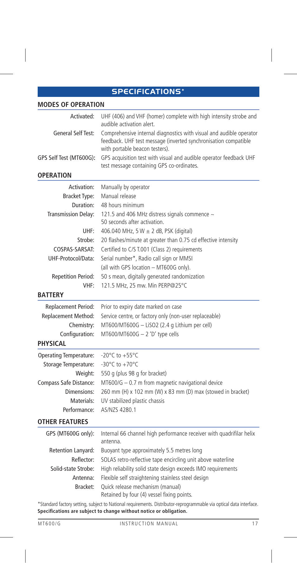 Specifications | GME MT600GAUS User Manual | Page 17 / 20