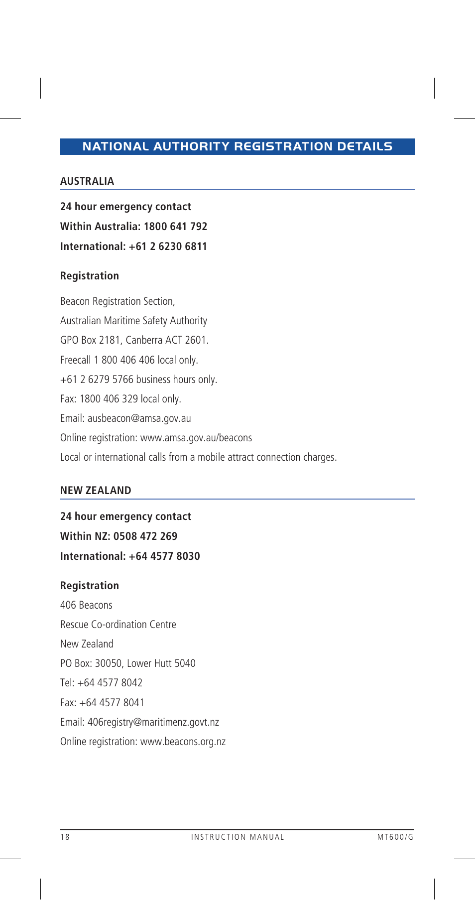 National authority registration details | GME MT600GAUS User Manual | Page 18 / 20