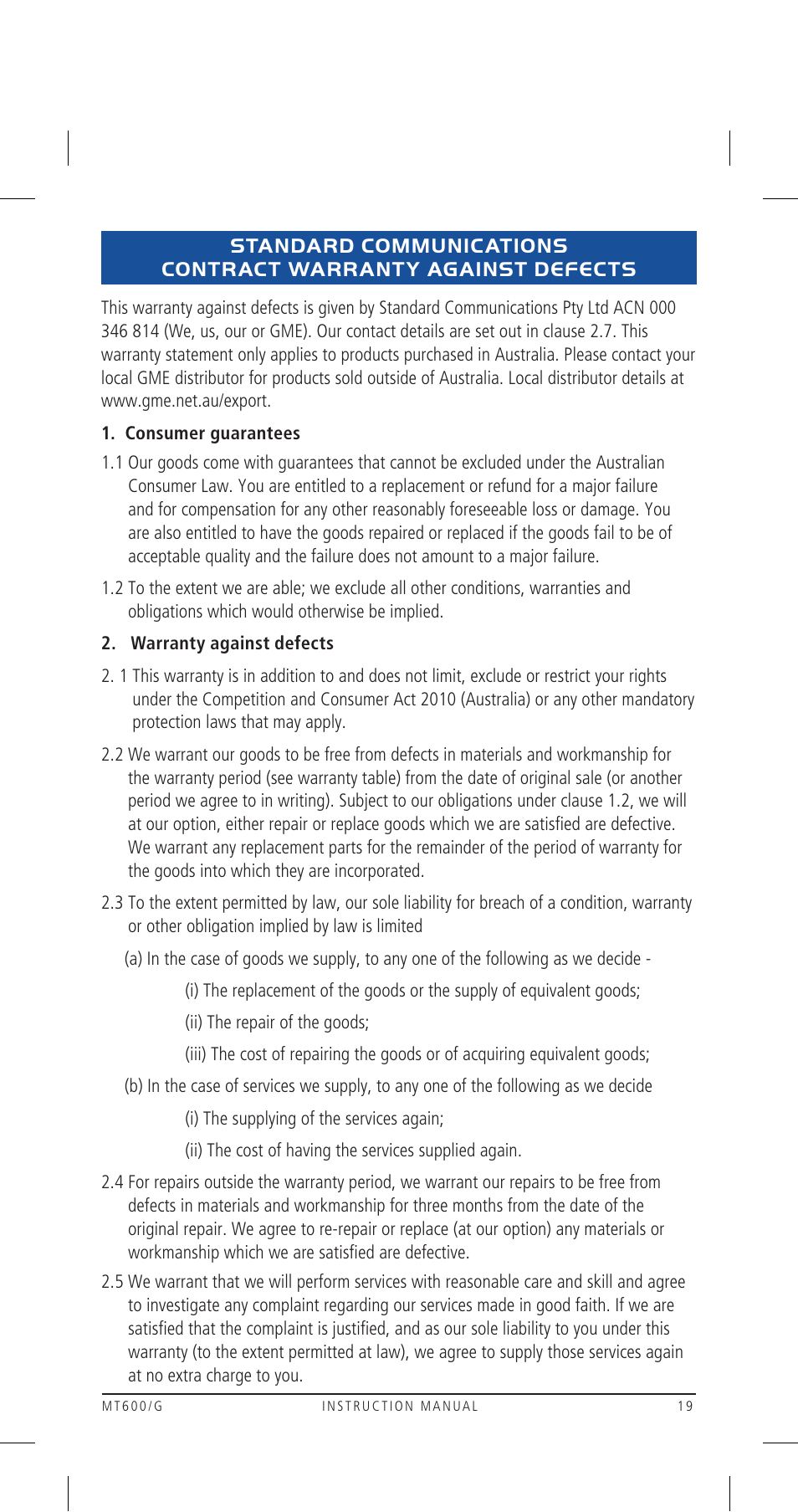 GME MT600GAUS User Manual | Page 19 / 20