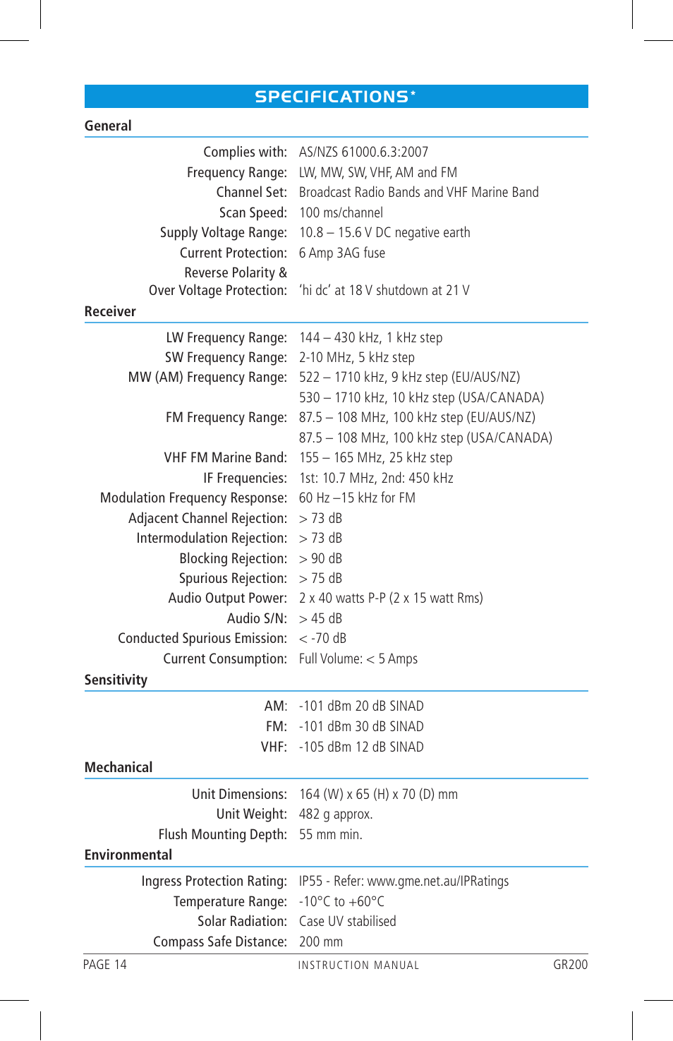 Specifications | GME GR200WEP1 User Manual | Page 14 / 19