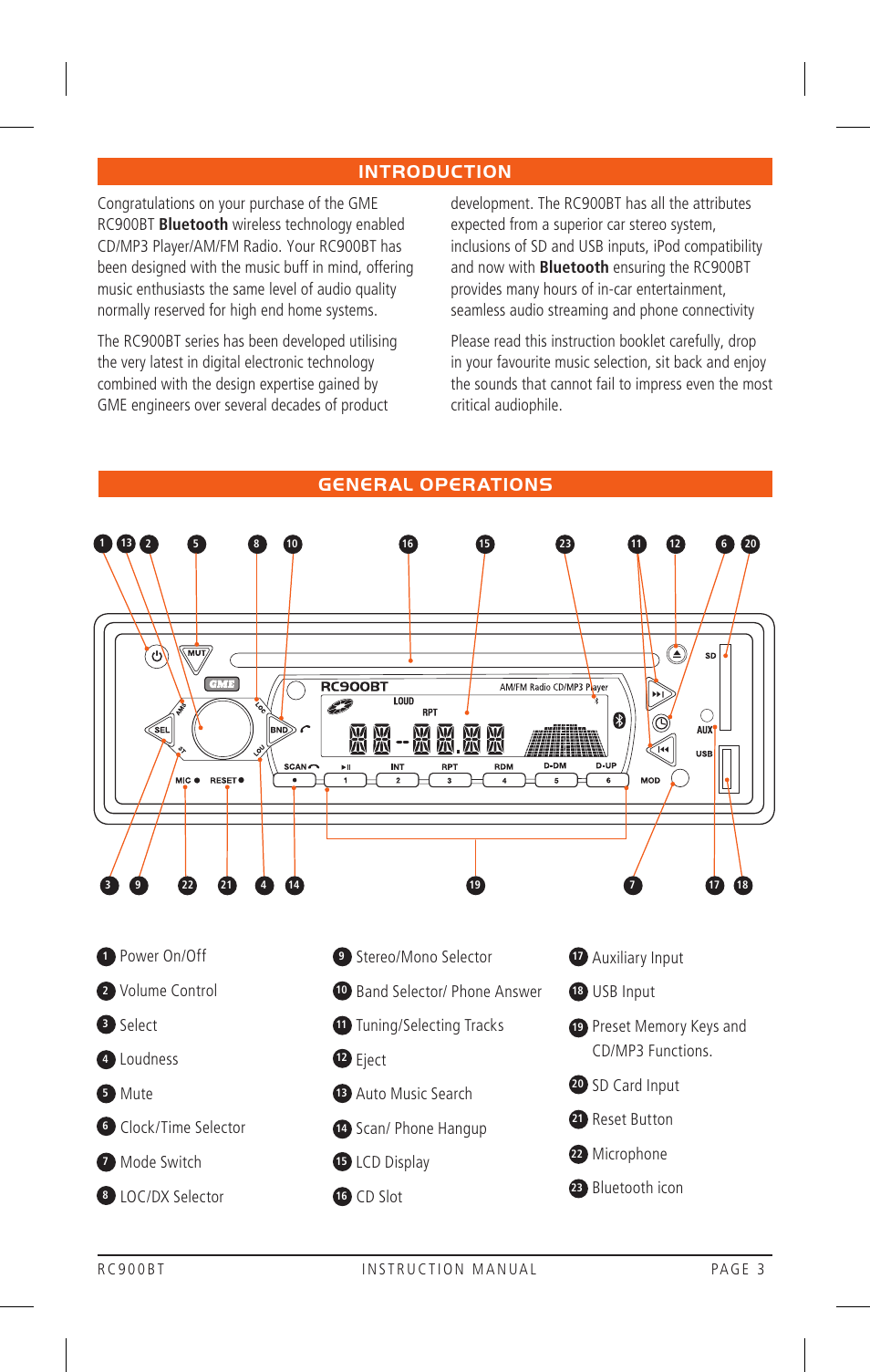 Introduction, General operations, Power on/off | Volume control, Select, Loudness, Mute, Clock/time selector, Mode switch, Loc/dx selector | GME RC900BT User Manual | Page 3 / 17