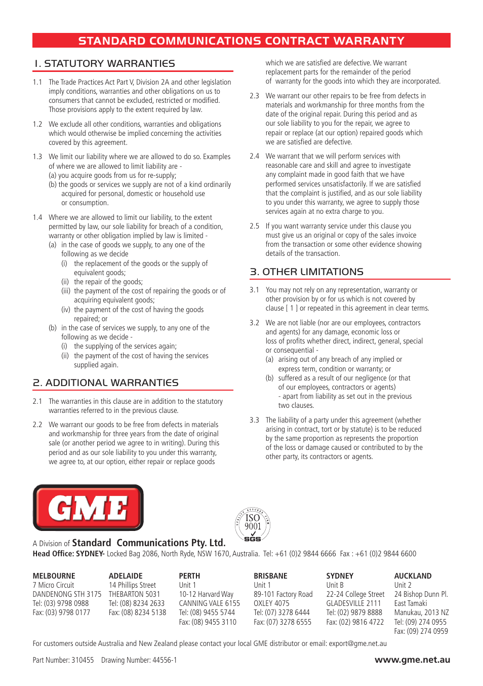 Standard communications contract warranty, Standard communications pty. ltd, Statutory warranties | Additional warranties, Other limitations | GME SPK009W User Manual | Page 2 / 2