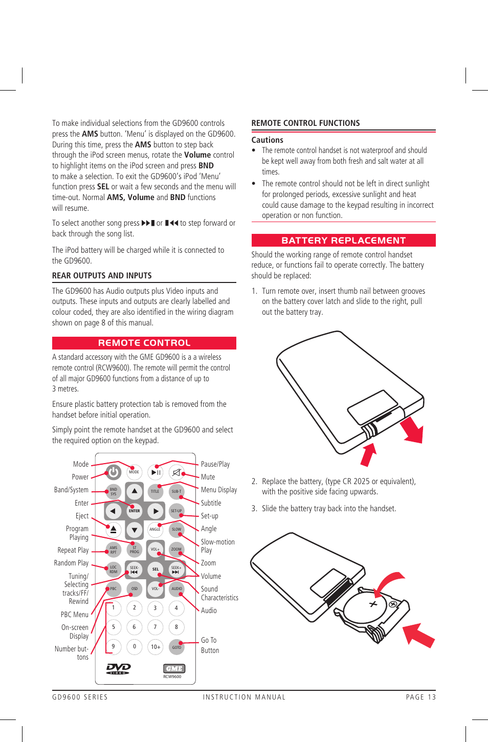 Remote control, Battery replacement | GME GD9640B User Manual | Page 13 / 17