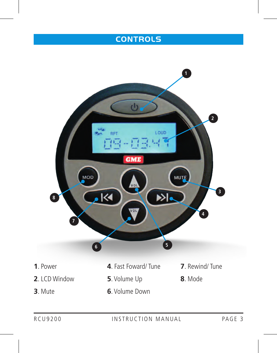 Controls | GME RCU9200 User Manual | Page 3 / 12