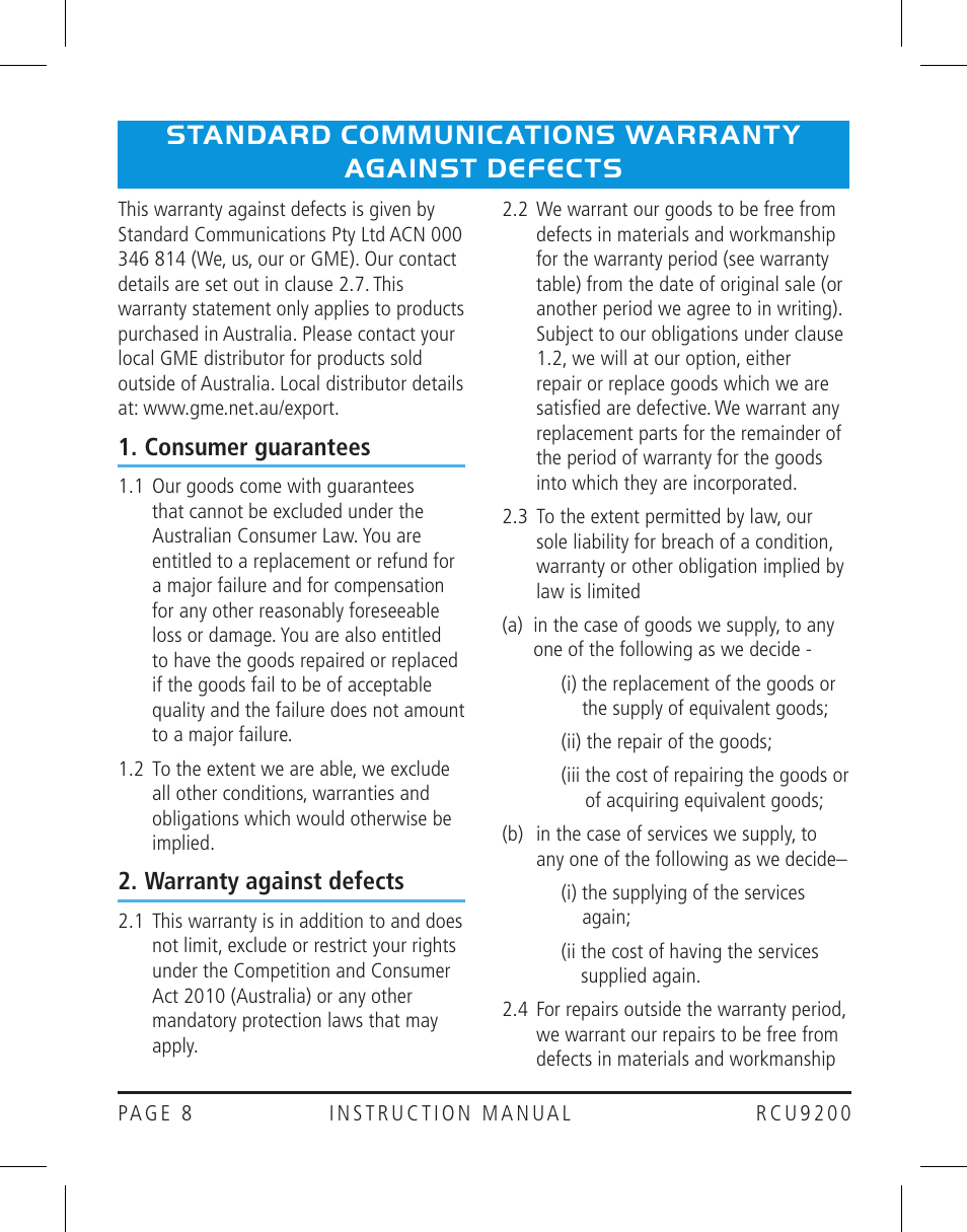 Standard communications warranty against defects, Consumer guarantees, Warranty against defects | GME RCU9200 User Manual | Page 8 / 12