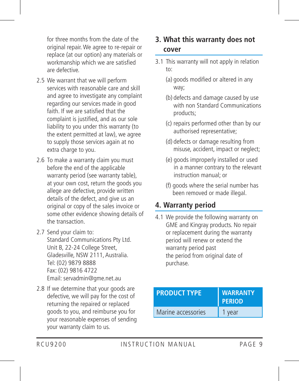 What this warranty does not cover, Warranty period | GME RCU9200 User Manual | Page 9 / 12