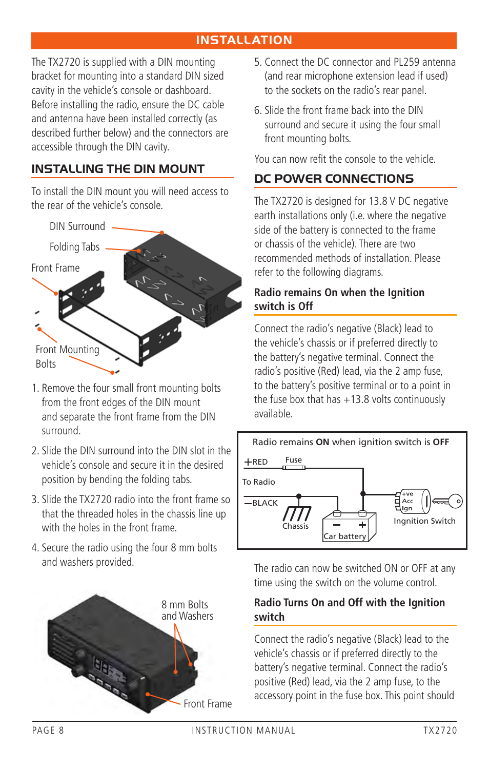 Installation, Installing the din mount, Dc power connections | GME TX2720 User Manual | Page 8 / 12