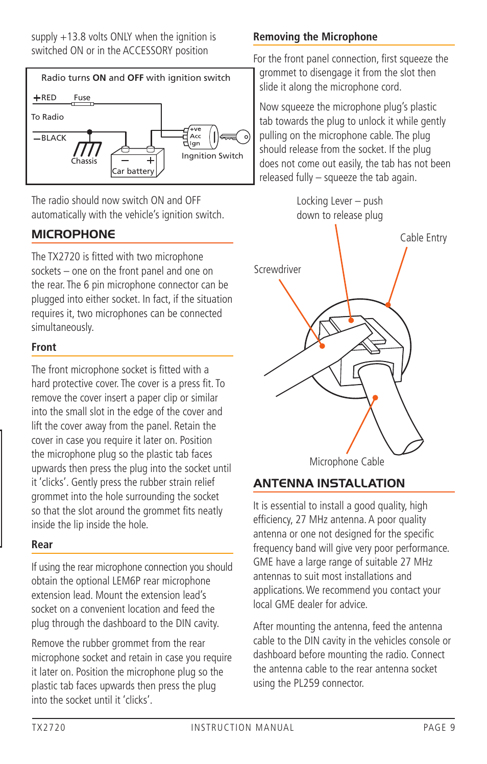Microphone, Antenna installation | GME TX2720 User Manual | Page 9 / 12