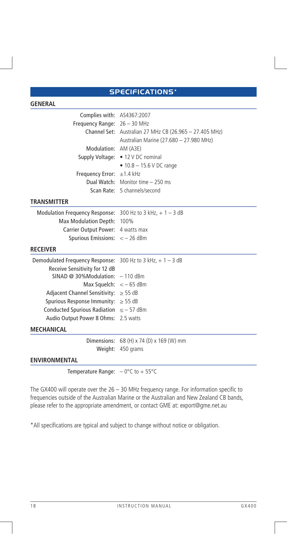 Specifications | GME GX400B User Manual | Page 18 / 20