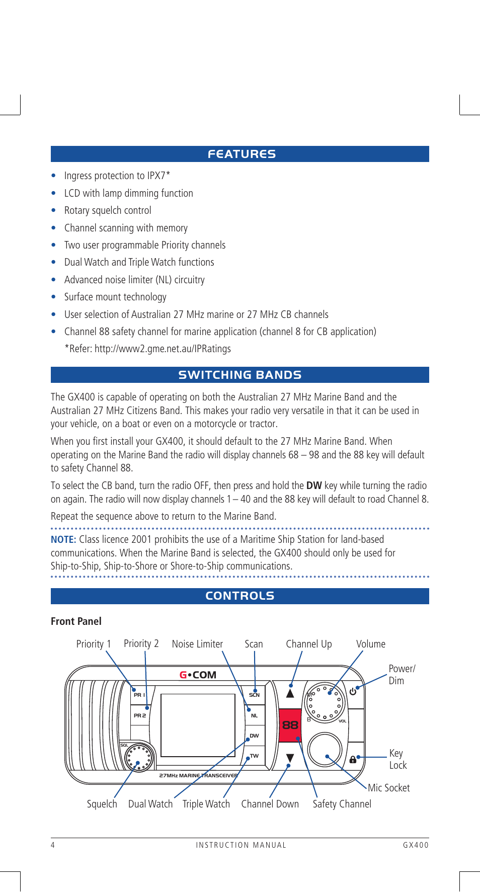 Features, Switching bands, Controls | GME GX400B User Manual | Page 4 / 20