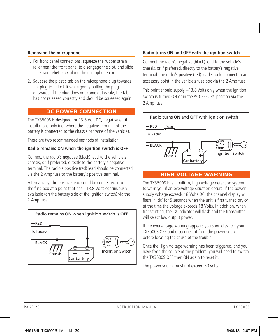 Dc power connection, High voltage warning | GME TX3500S User Manual | Page 20 / 28