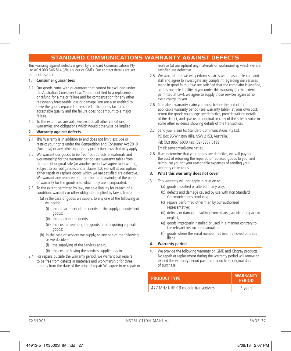 Standard communications warranty against defects | GME TX3500S User Manual | Page 27 / 28