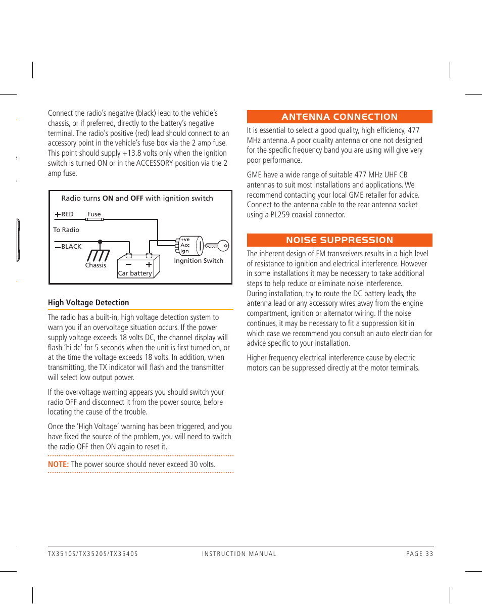 Antenna connection, Noise suppression | GME TX3520W User Manual | Page 33 / 52