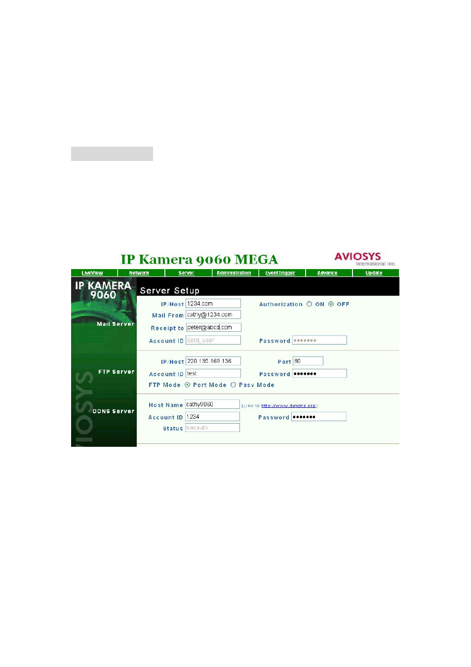 Server setting | Cabletron Systems IP Kamera 9060A MP User Manual | Page 26 / 32