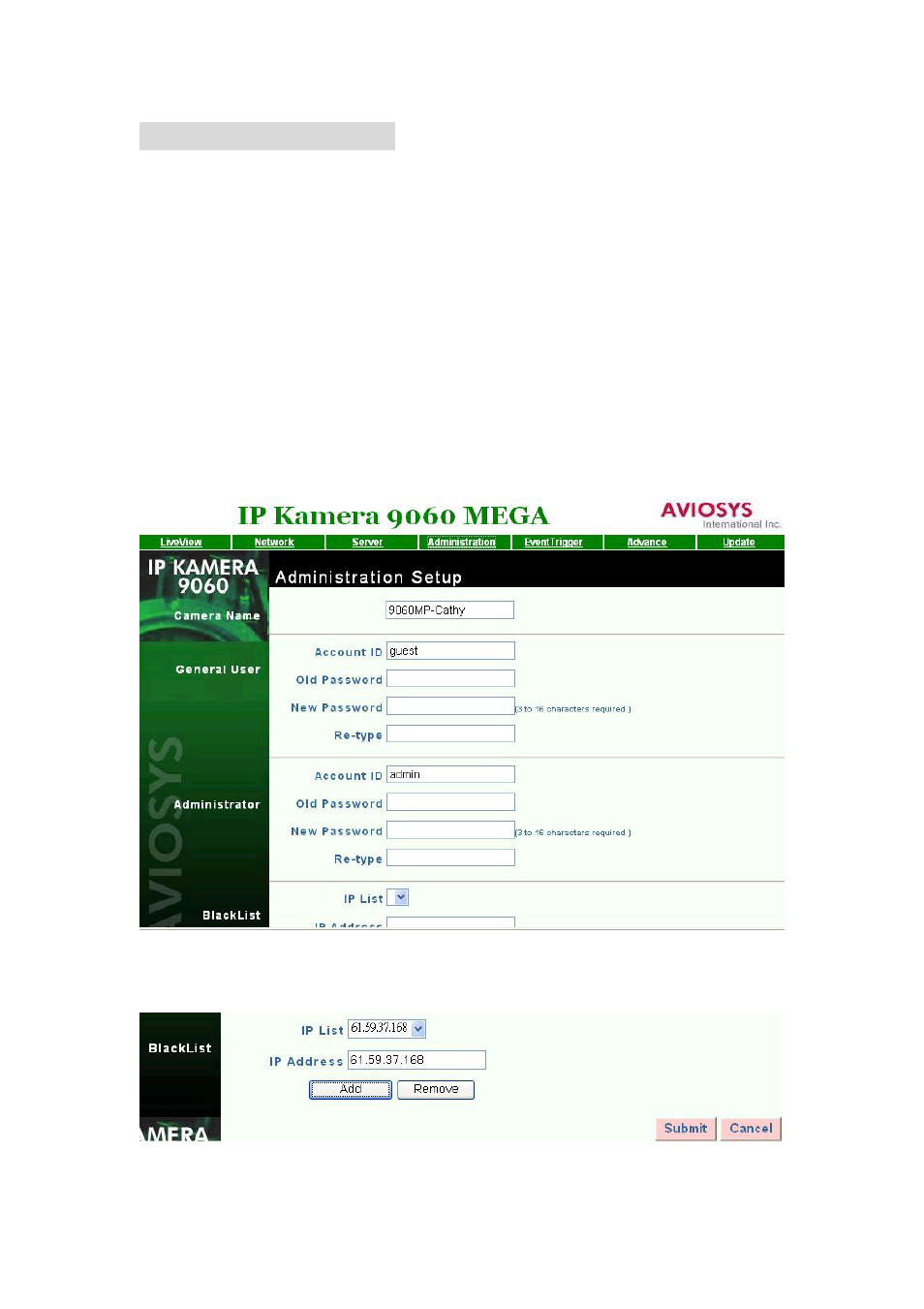 Administration setting | Cabletron Systems IP Kamera 9060A MP User Manual | Page 28 / 32