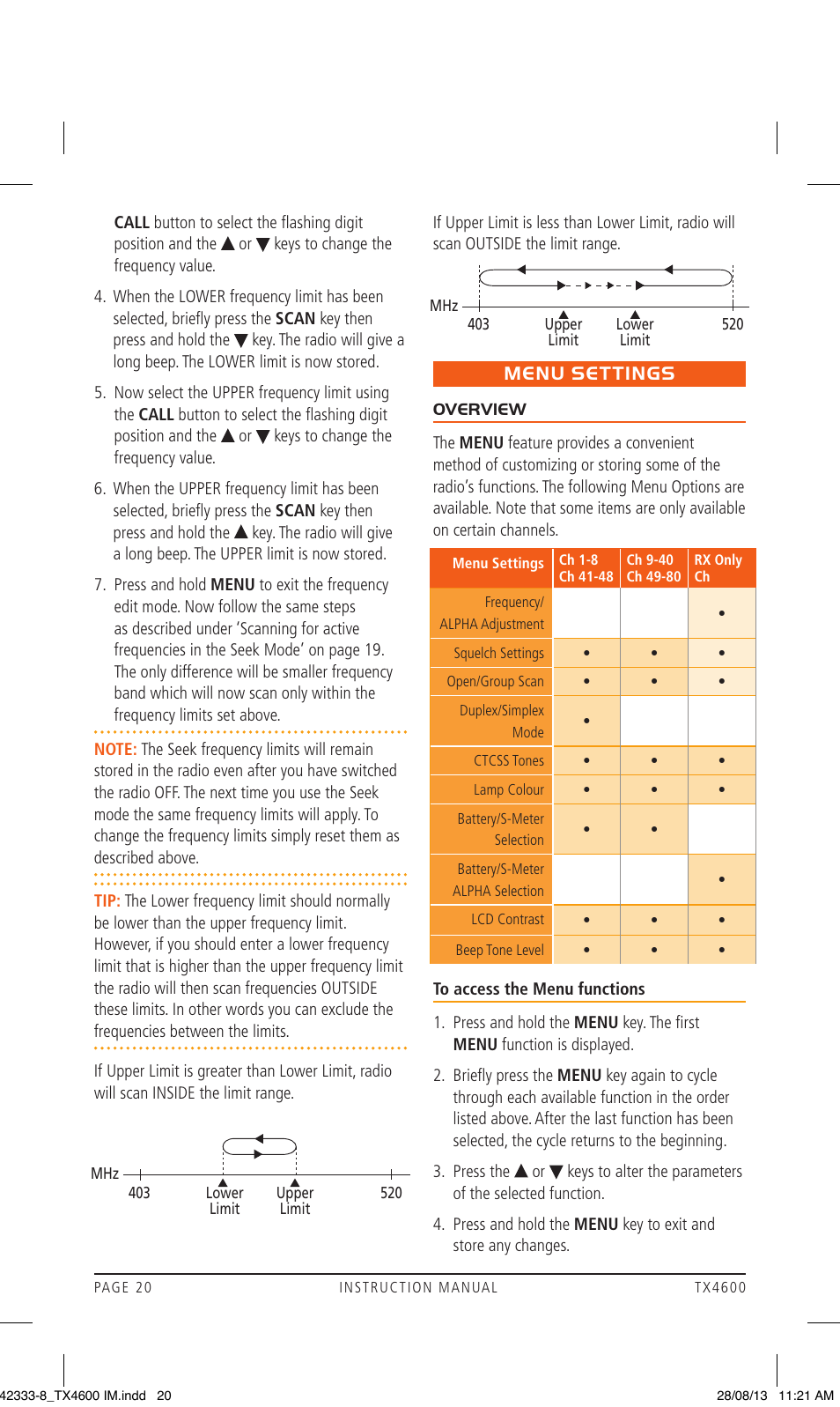 Menu settings | GME TX4600 User Manual | Page 20 / 32