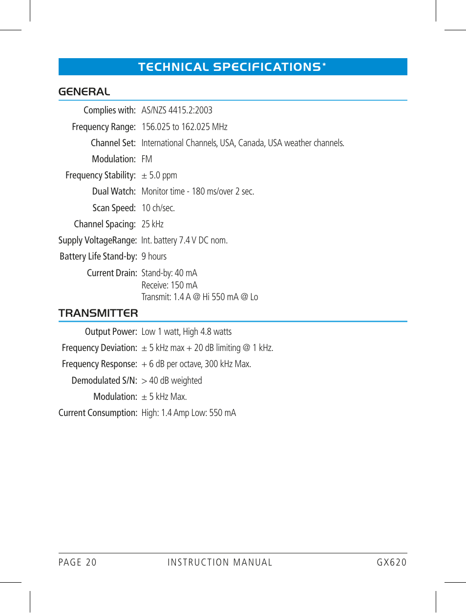 Technical specifications | GME GX620 User Manual | Page 20 / 24