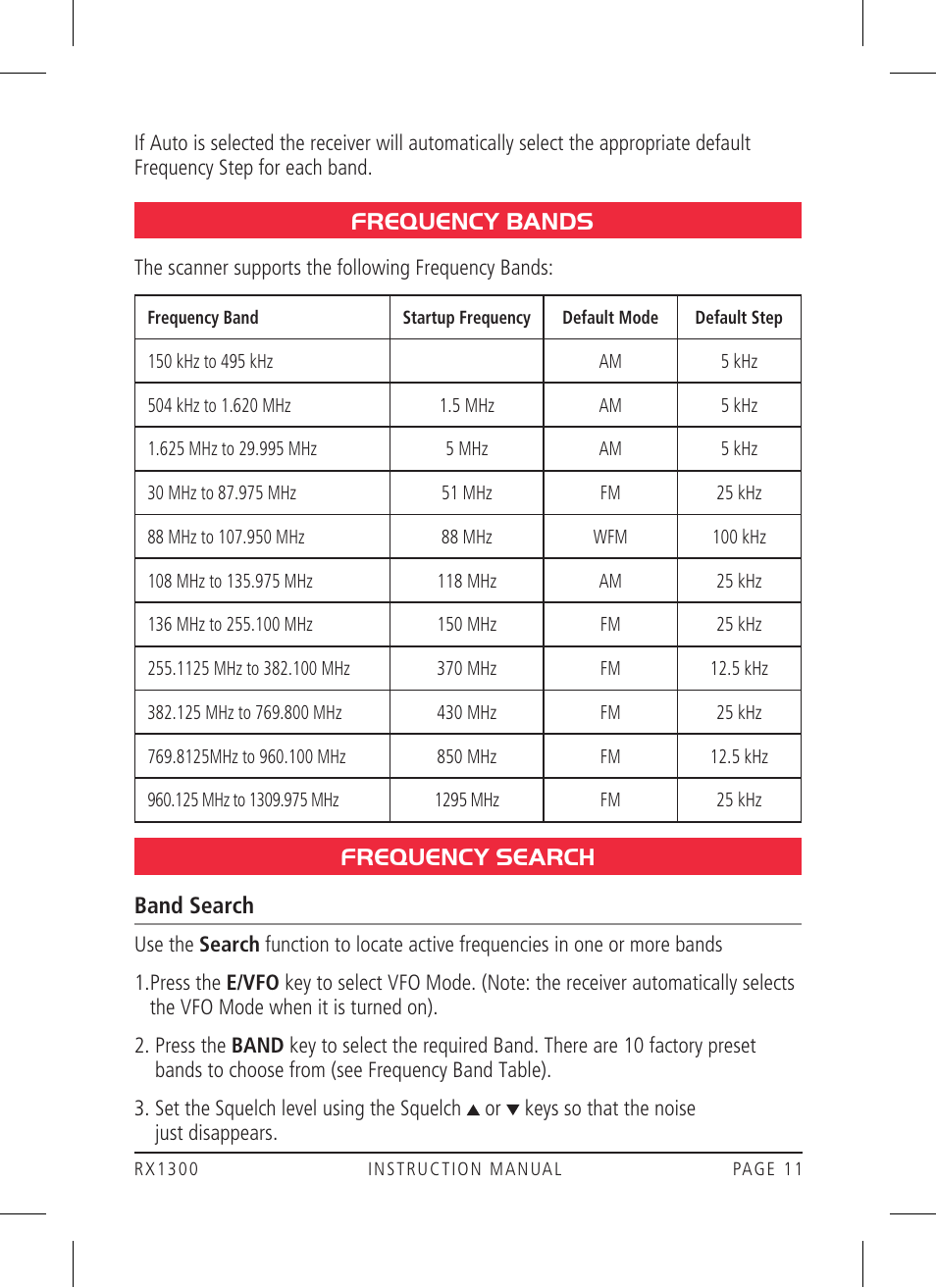 Frequency bands, Frequency search | GME RX1300 User Manual | Page 11 / 28