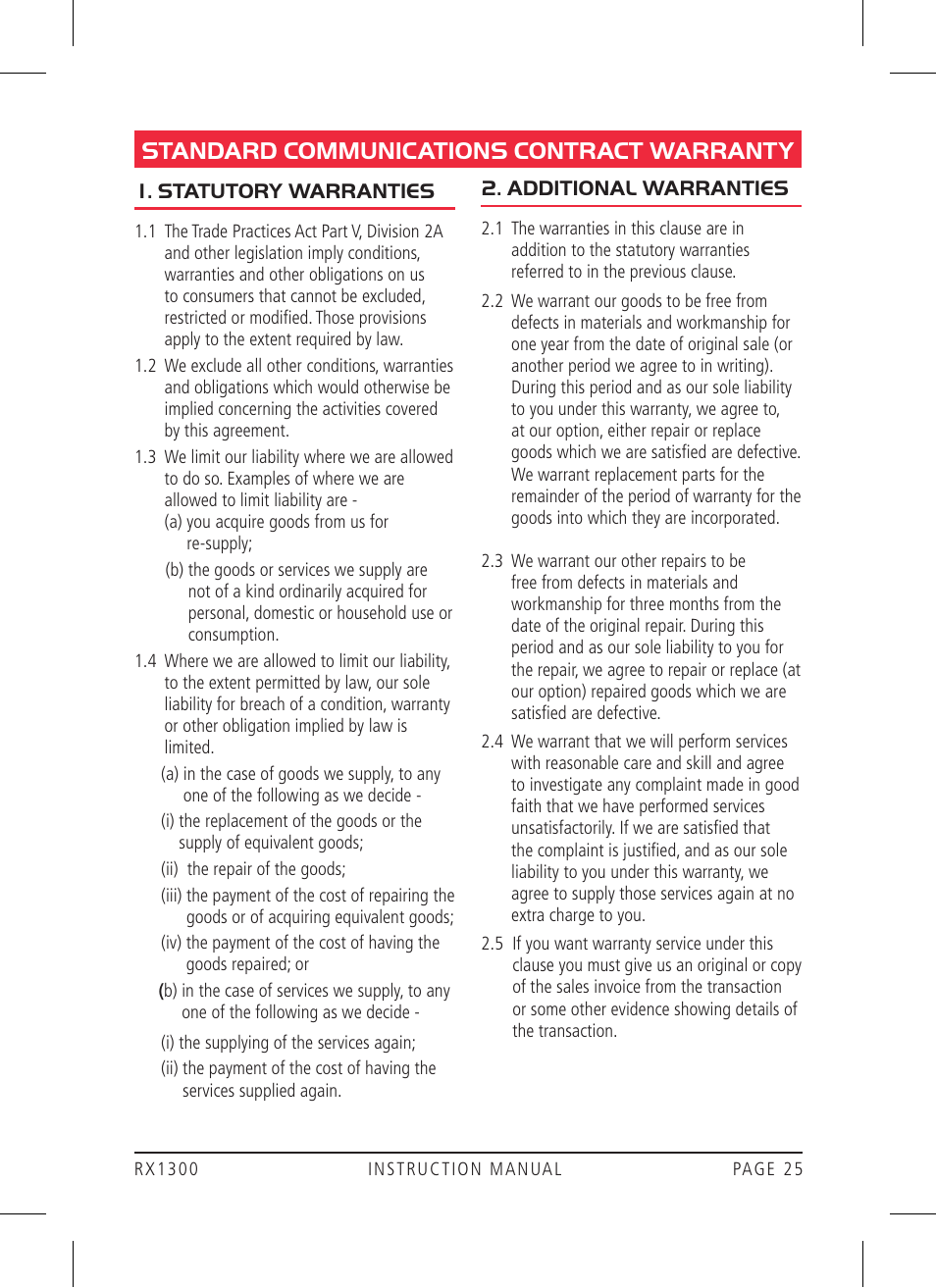 Standard communications contract warranty | GME RX1300 User Manual | Page 25 / 28