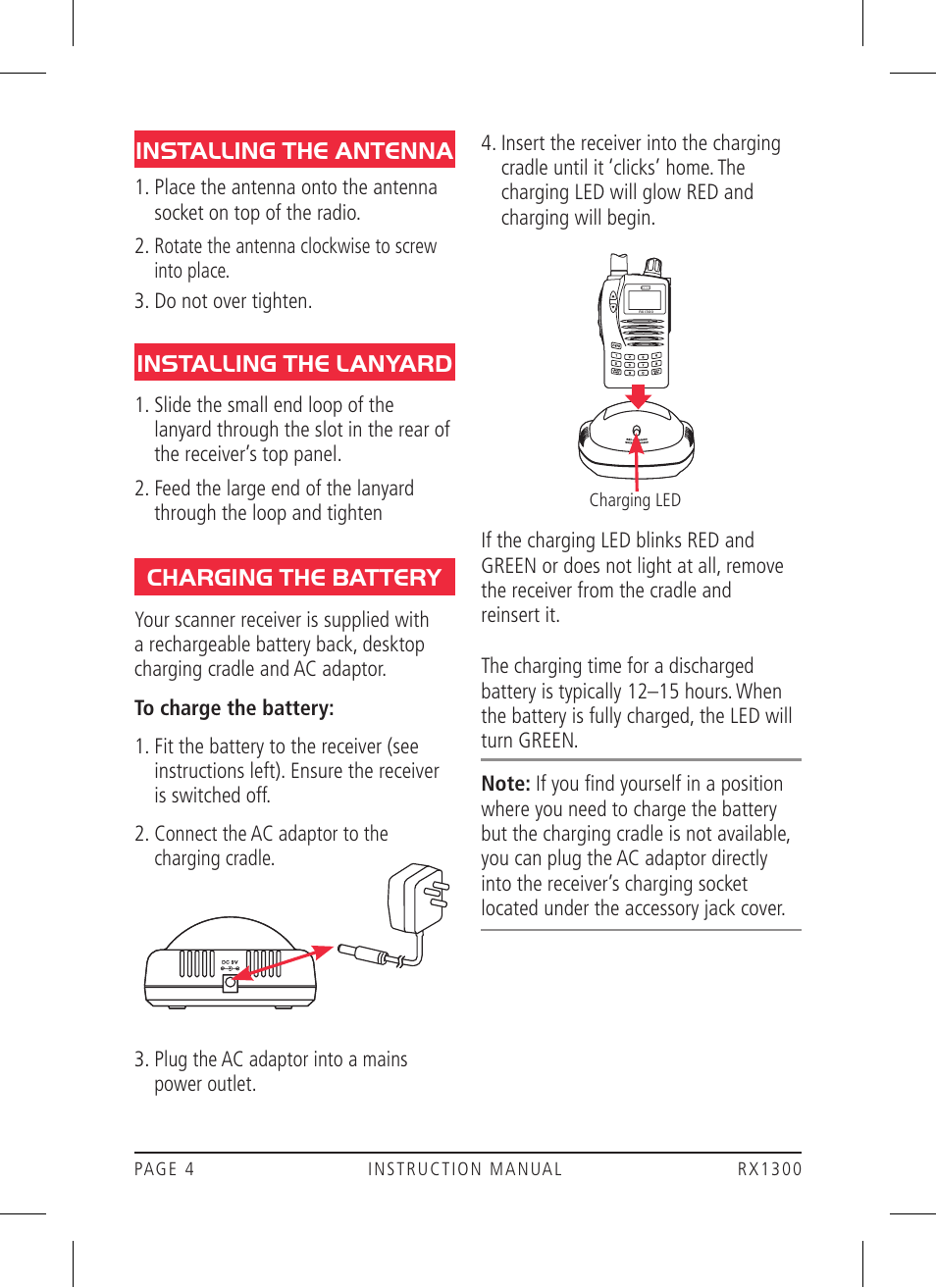 Installing the antenna, Installing the lanyard, Charging the battery | GME RX1300 User Manual | Page 4 / 28